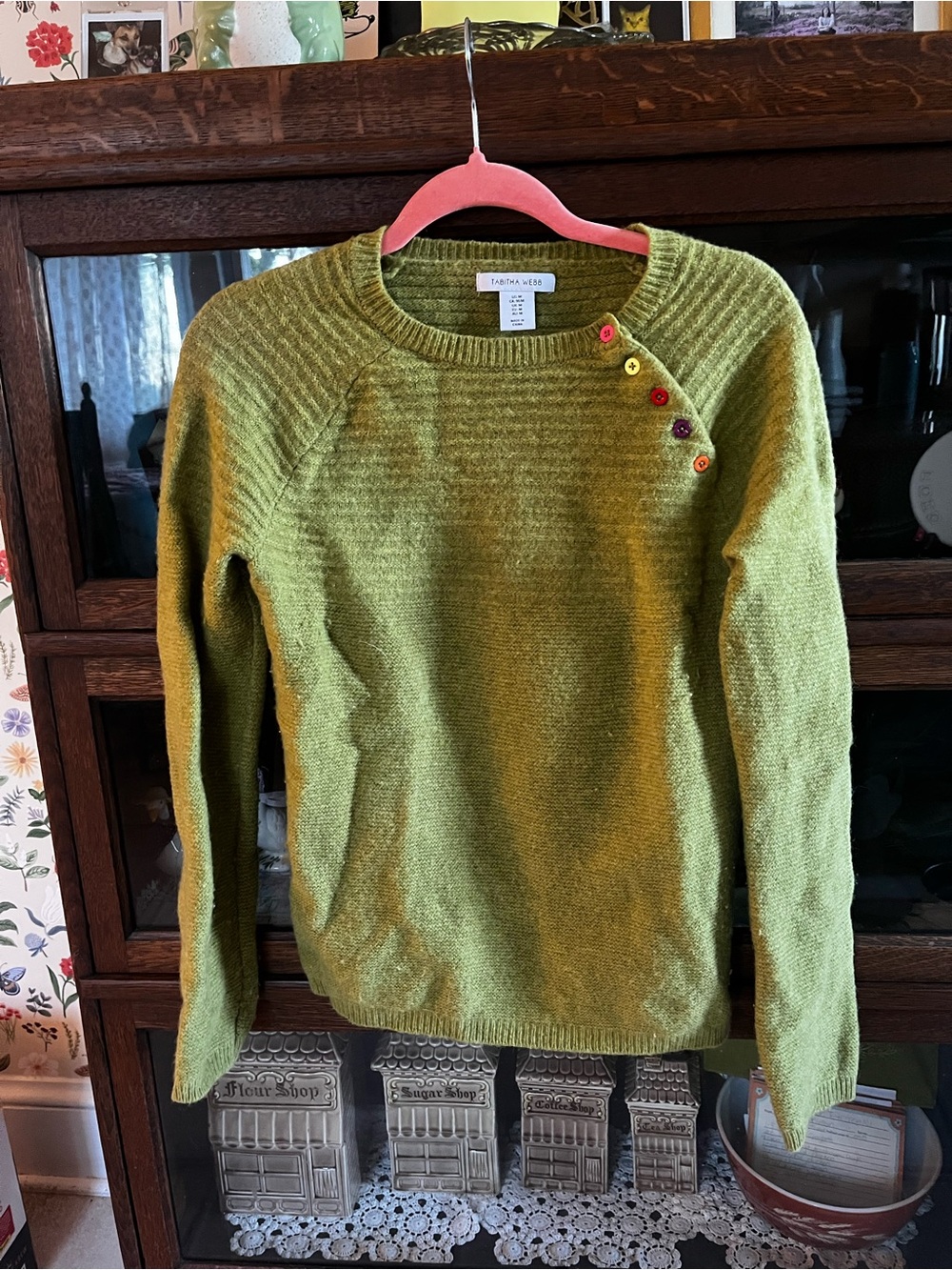 Tabitha Webb Olive Green Crewneck Sweater with Button Detail